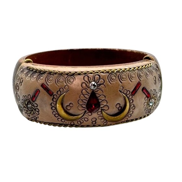 Vintage Wood Bangle Bracelet W/ Gold-Tone Crescent Moons & Red Rhinestones - Picture 2 of 5